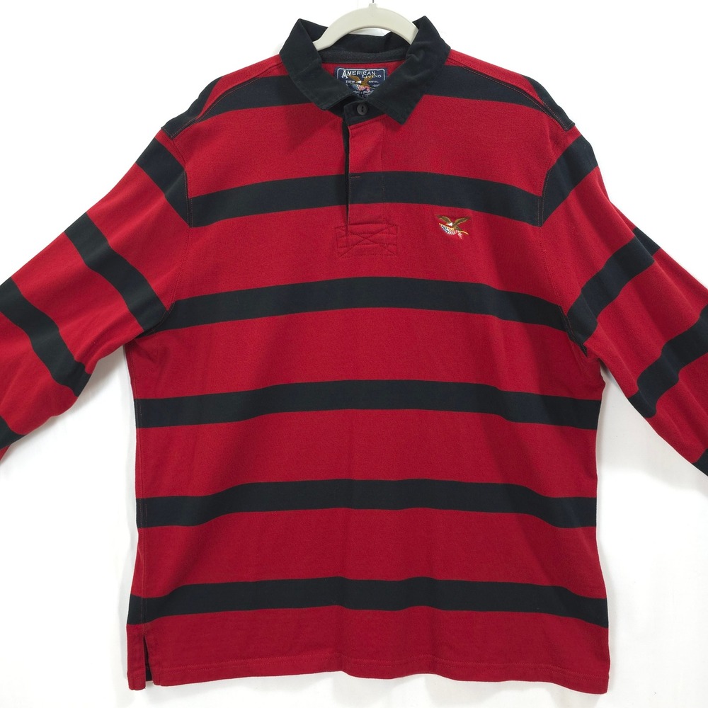 American Living Rugby Shirt Striped Red Black Men XL Eagle Flag Polo Preppy